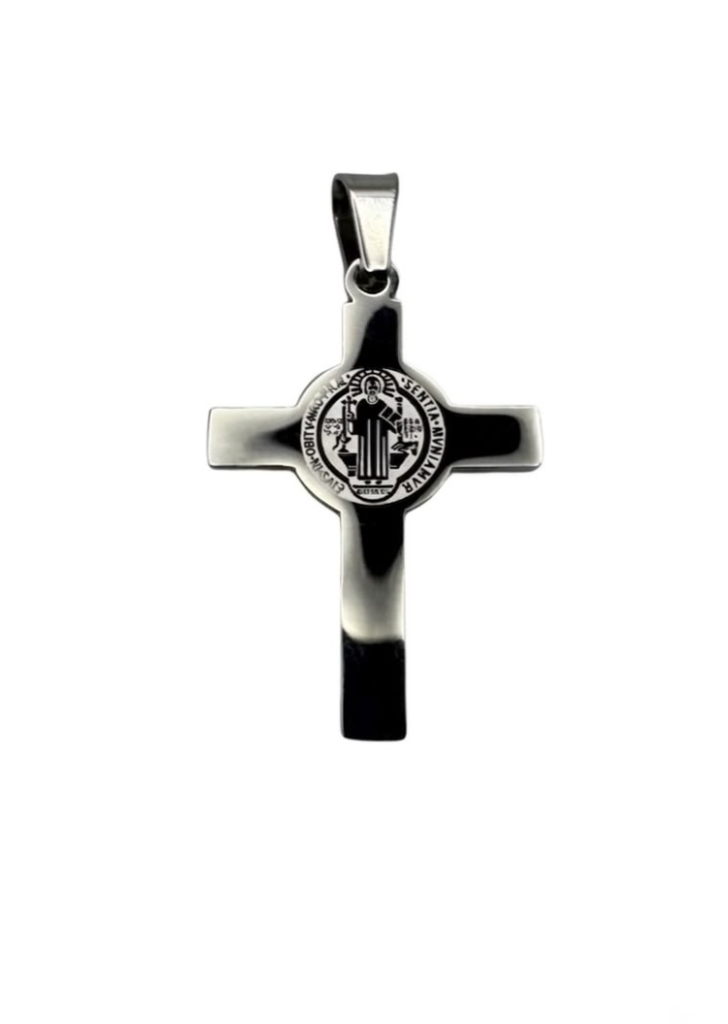 Cruz de San Benito en Acero Plateado y Blanco 30mm
