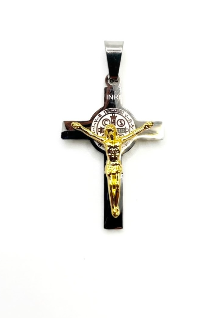 Cruz de San Benito en Acero Plateado y Blanco 30mm