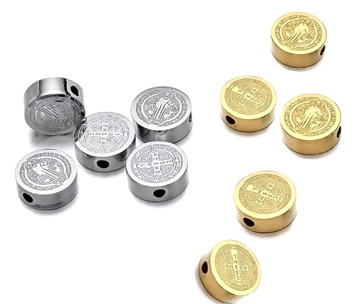 [MD.016] Pasante Medalla San Benito 10mm en Acero Dorada