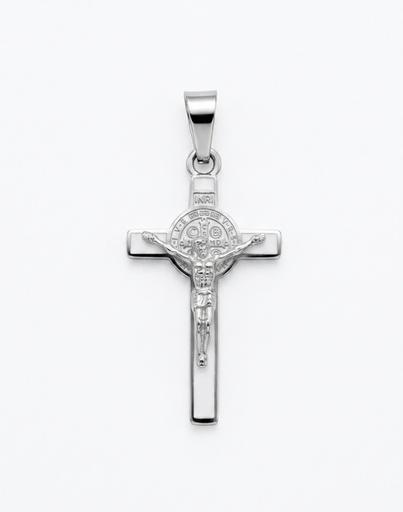 [MD.071] Cruz de San Benito en Acero Plateado y Blanco 25mm